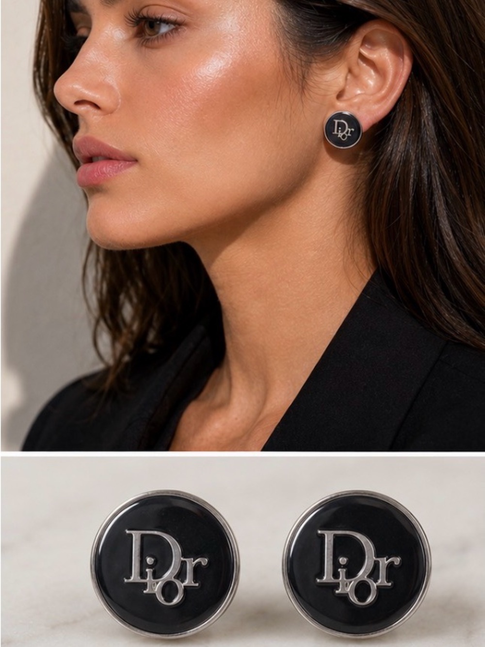 Dior Black and Silver Logo Round Stud Earrings